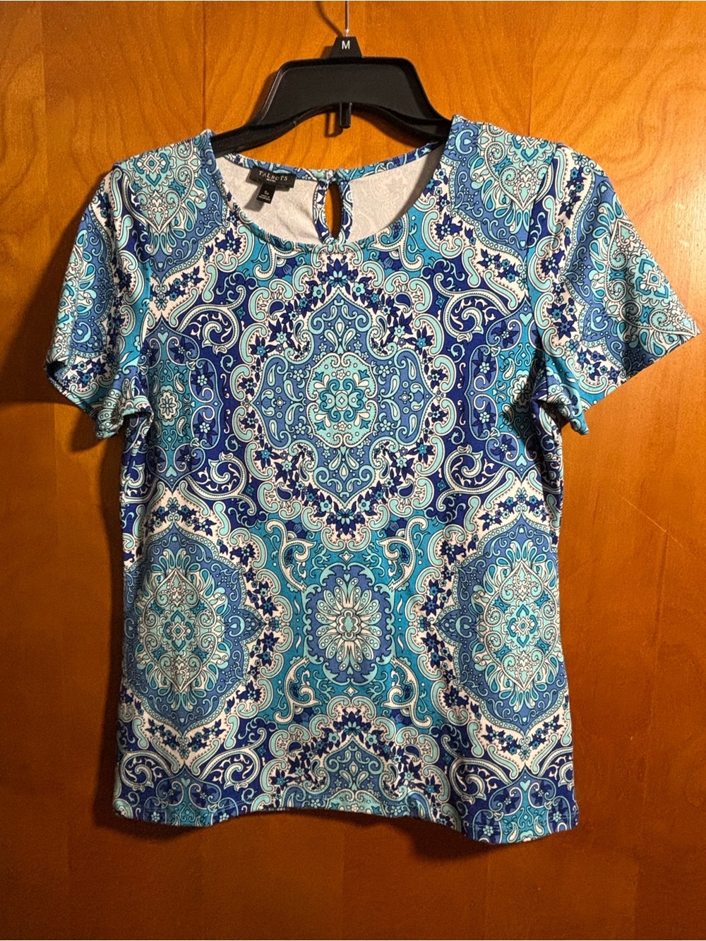 Talbots Blue and Aqua Paisley Short Sleeve Top, size small petite